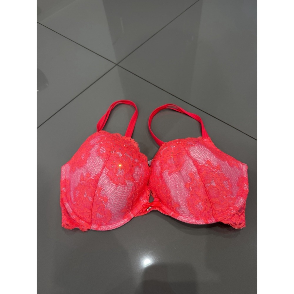 Victoria's Secret Pink Orange Lined Push Up Bra 38DDD Floral Lace Jeweled